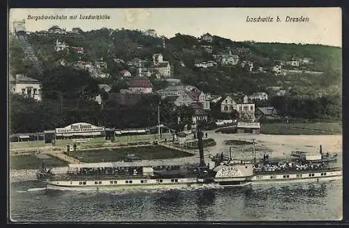 AK Dresden-Loschwitz, Ausflugsdampfer Aussig auf der Elbe mit Blick auf die Bergschwebebahn und die Loschwitzhöhe