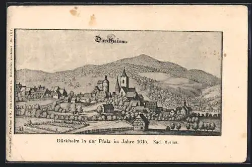 Lithographie Dürkheim in der Pfalz, Teilansicht im Jahre 1645 nach Merian