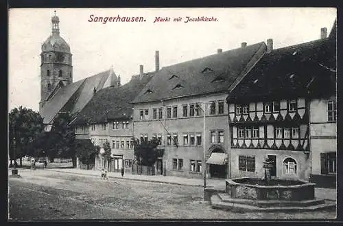 AK Sangerhausen, Brunnen und Jakobikirche auf dem Marktplatz