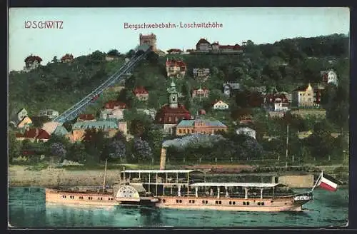 AK Dresden-Loschwitz, Loschwitzhöhe mit Bergschwebebahn und Dampfer MS Karlsbad