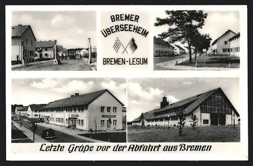 AK Bremen-Lesum, Überseeheim, Kantine, Gebäudeansichten, Fahnen