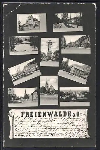 AK Freienwalde a. O., Strassenpartien, Kirche, Aussichtsturm und See