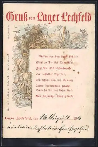 AK Lager Lechfeld, Felder und Berge, Schwertlilien und Gedichttext