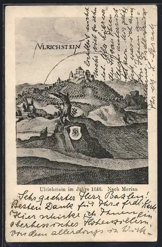 Künstler-AK Ulrichstein, Ansicht im Jahr 1646 nach Merian