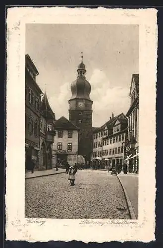 AK Coburg, Strasse Steinweg mit Geschäft und Spitalturm