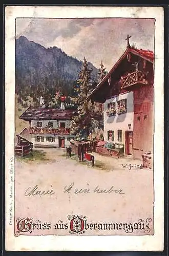 Lithographie Oberammergau, Strassenzug mit Berglandschaft