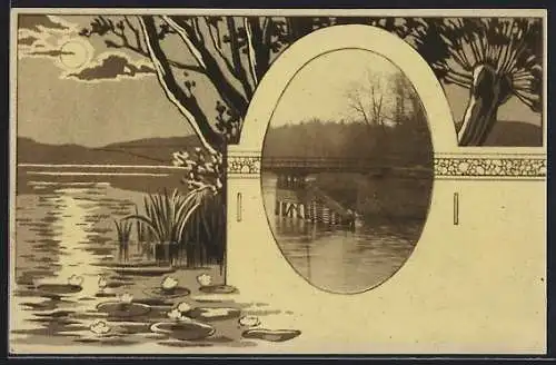 Foto-AK Uferpartie mit Holzbrücke, Passepartout mit Seerosen im Mondschein