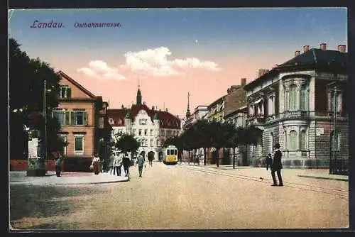 AK Landau, Ostbahnstrasse, Strassenbahn