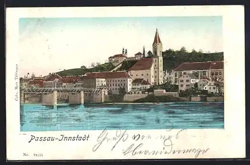 Goldfenster-AK Passau-Innstadt, Panorama mit Kirche