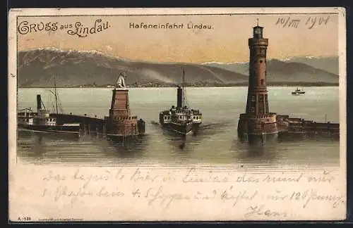 Lithographie Lindau / Bodensee, Dampfer bei der Hafeneinfahrt