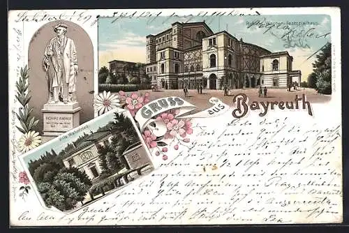 Lithographie Bayreuth, Villa Wahnfried mit Richard-Wagner-Festspielhaus