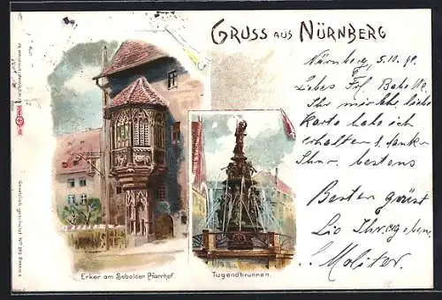 Lithographie Nürnberg, Erker am Sebalder Pfarrhof u. Tugendbrunnen