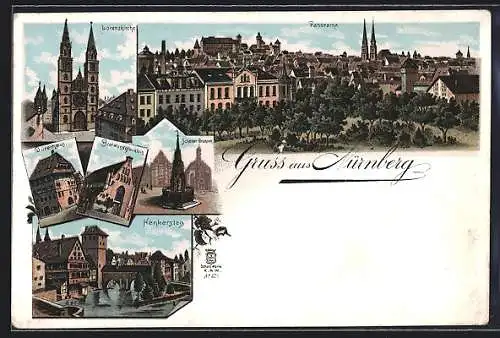 Lithographie Nürnberg, Gasthof Bratwurstglöcklein, Dürerhaus, Henkersteg