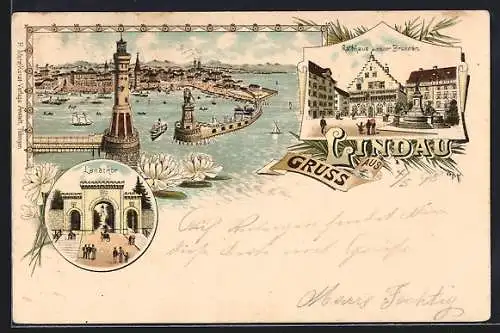 Lithographie Lindau / Bodensee, Rathaus und neuer Brunnen, Landthor