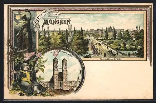 Lithographie München-Au, Maximilians-Brücke, Frauenkirche