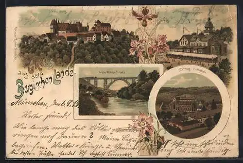 Lithographie Altenberg / Bergisch Land, Schloss Burg, Kaiser Wilhelm Brücke, Altenberg