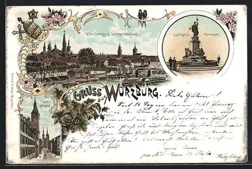 Lithographie Würzburg, Gesamtansicht mit Domstrasse