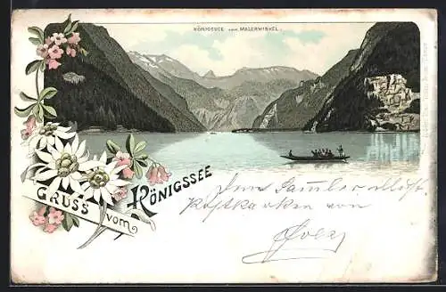 Lithographie Königssee / Berchtesgaden, Panorama vom Malerwinkel aus, Blumenmotiv