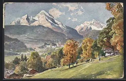 Künstler-AK Edward Harrison Compton: Berchtesgaden, Ortsansicht mit Watzmann und Hochkalter im Frühherbst