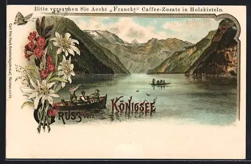 Lithographie Königsee / St. Bartholomö, Ruderboote auf dem Königsee