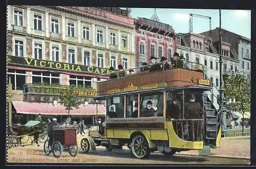 AK Berlin, Automobilomnibus vor dem Cafe Victoria, Strasse Unter den Linden