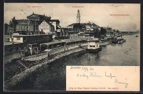 AK Dresden, Ansicht mit Kgl. Opernhaus, Fernheizwerk und Dampfschifflandeplatz