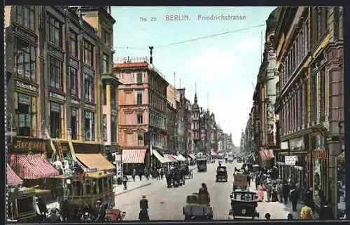 AK Berlin, Friedrichstrasse mit Geschäften und Pferdewagen