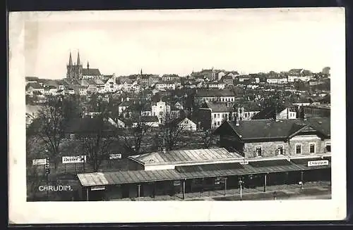 AK Chrudim, Ortsansicht mit Bahnhof aus der Vogelschau