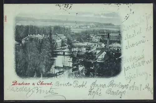 Mondschein-AK Chocen, Teilansicht mit Brücke aus der Vogelschau