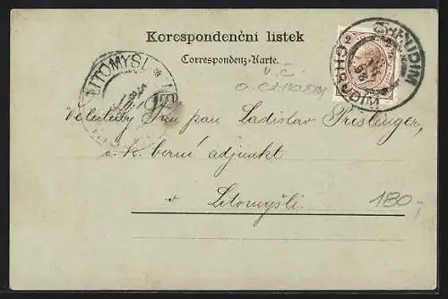 Mondschein-AK Chrudim, Ortspanorama aus der Vogelschau