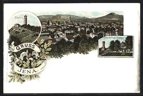 Lithographie Jena, Kriegerdenkmal und Forsthaus, Fuchsthurm