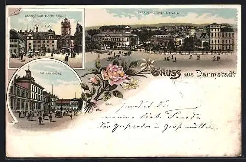 Lithographie Darmstadt, Markt und Rathaus, Bahnhöfe, Parade- & Theaterplatz