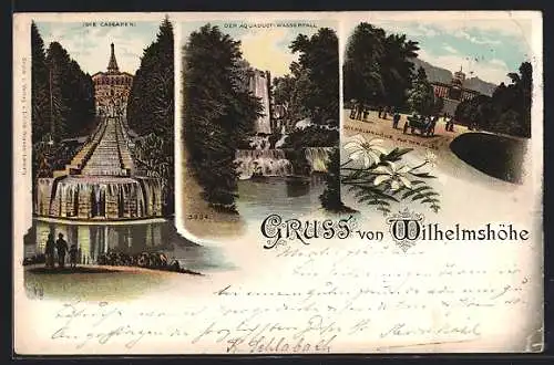 Lithographie Kassel, Wilhelmshöhe, von der Allee aus gesehen, Löwenburg, Die Kaskaden, Aquaduct-Wasserfall, Kutsche