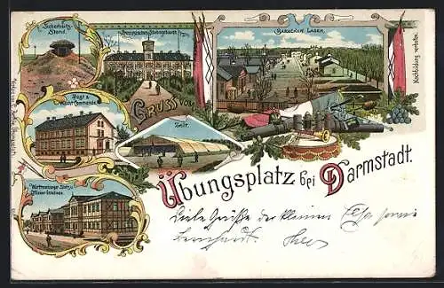 Lithographie Darmstadt, Übungsplatz, Sicherheits-Stand, Post & Wacht-Commando, Württemberger Stabs u. Offizier-Gebäude