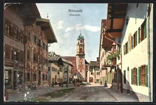 AK Mittenwald, Obermarktstrasse mit Blick nach der Kirche