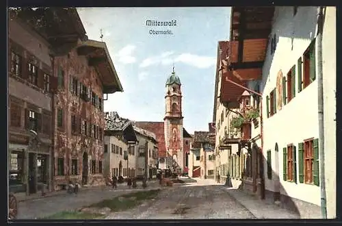 AK Mittenwald, Obermarktstrasse mit Blick nach der Kirche