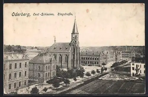 AK Oderberg /Oest.-Schlesien, Ringstrasse mit Kirche