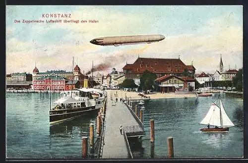 AK Konstanz /Bodensee, Flug eines Zeppelin über den Hafen