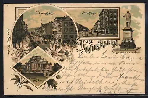 Lithographie Wiesbaden, Taunusstrasse, Rheinstrasse, Königl. Hoftheater, Kaiser Wilhelm I. Denkmal