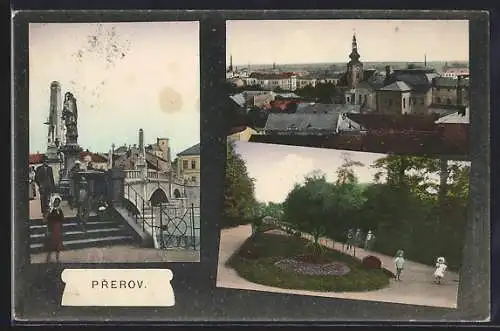 AK Prerau /Prerov, Denkmal an Brücke, Park, Totalansicht