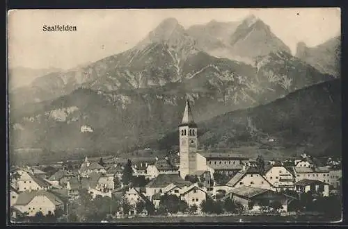 AK Saalfelden, Ortsansicht mit Gipfelpanorama