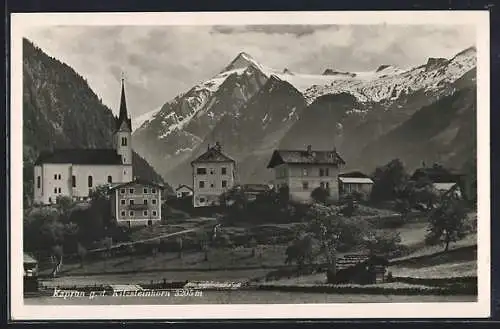 AK Kaprun, Ortsansicht mit Kirche gegen Kitzsteinhorn