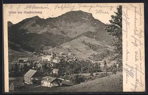 AK Russbachsaag, Ortsansicht mit Umgebung und Bergpanorama