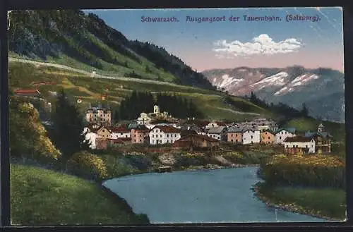 AK Schwarzach /Tauernbahn, Ortsansicht vom Fluss aus