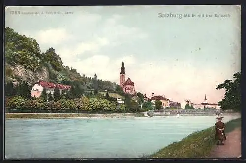 AK Salzburg, Mülln, Panorama mit der Salzach