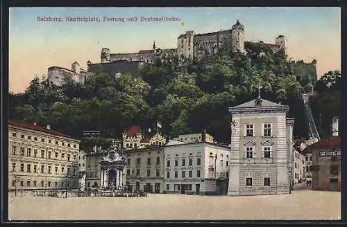 AK Salzburg, Kapitelplatz, Festung und Drahtseilbahn