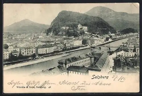 AK Salzburg, Teilansicht mit Brücke und Bergpanorama