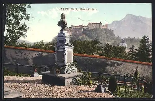 AK Salzburg, Mozartbüste mit Blick zur Festung