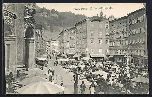 AK Salzburg, Universitätsplatz mit Marktständen aus der Vogelschau