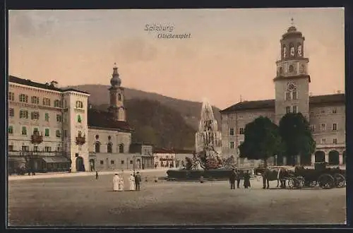 AK Salzburg, Am Glockenspiel, Ortspartie mit Springbrunnen